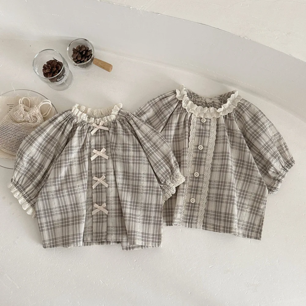 

2026 Summer New Baby Short Sleeve Shirts Cotton Girls Cute Lace Collar Plaid Blouse Infant Loose Bow Tops Toddler Clothes