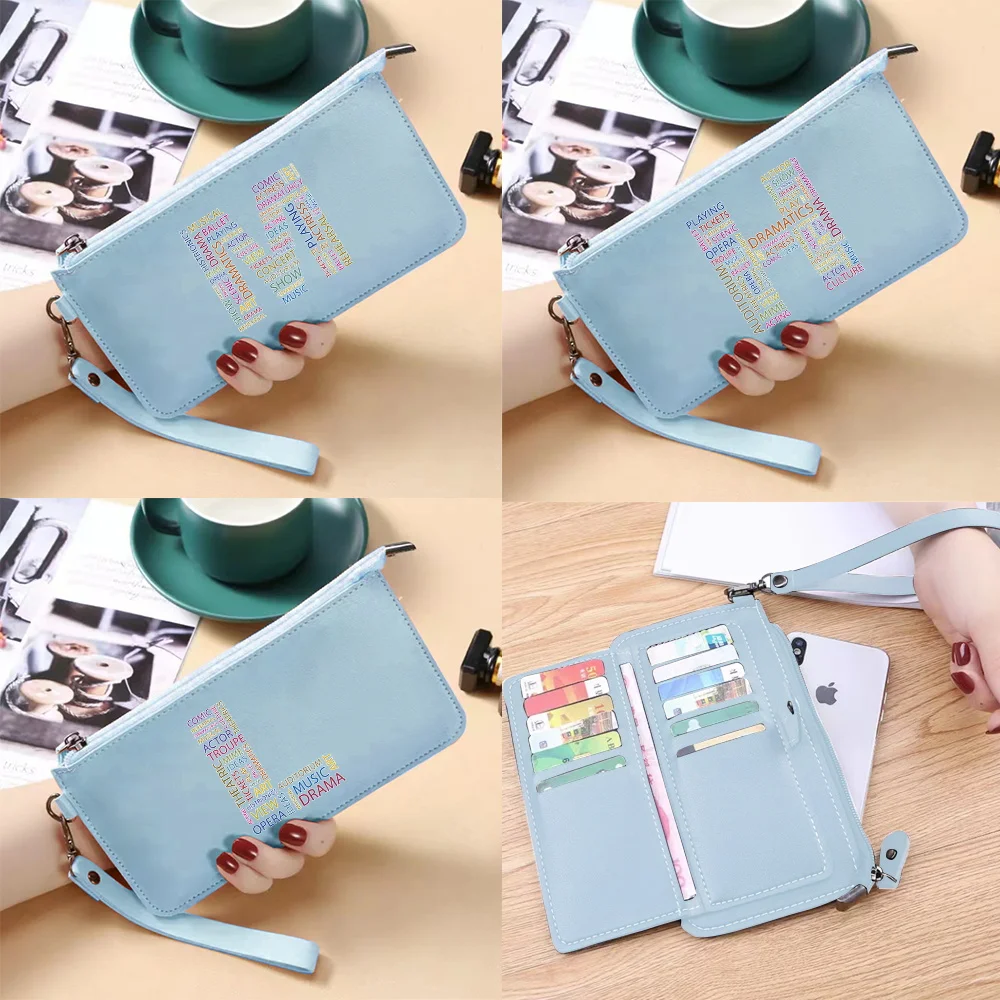 

Long Wallet Bank Holder Purse Text Pattern Printing Series Simple and Durable Blue Pocketbook Credit Card Organizer Bag