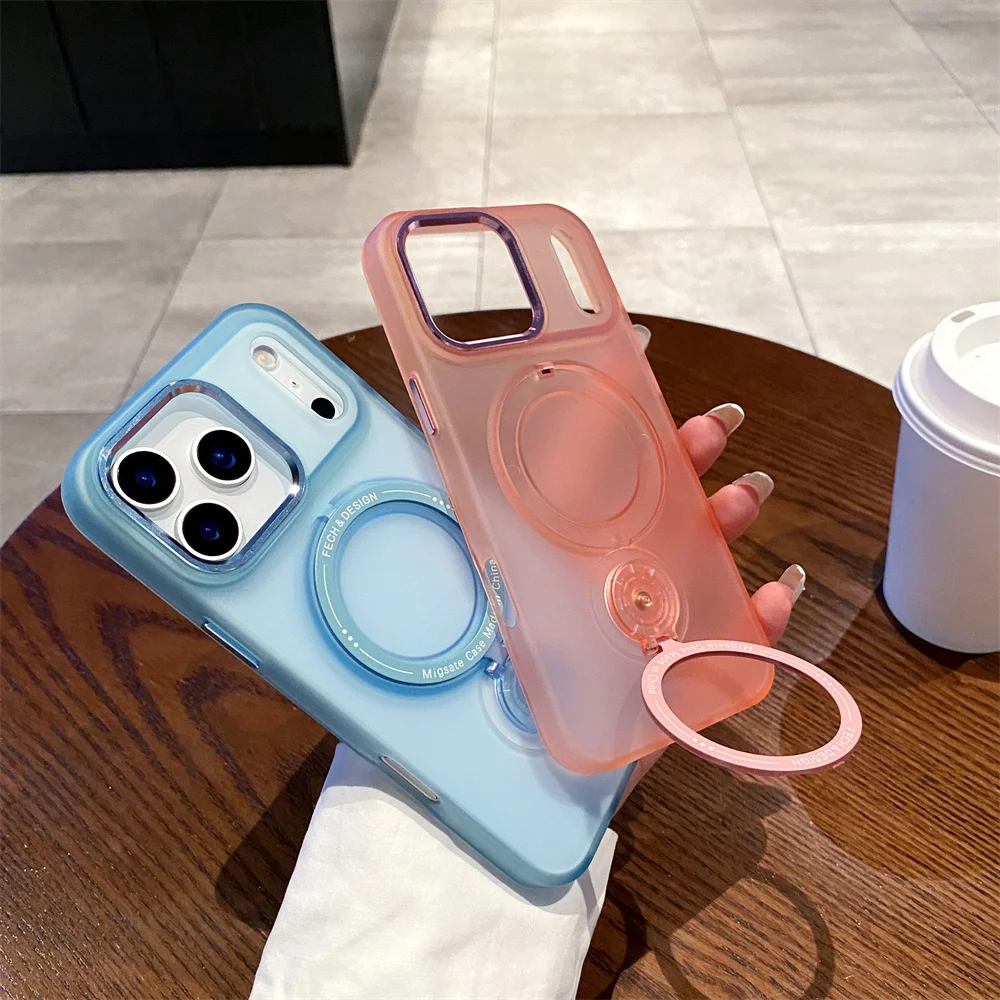 For Magsafe Fold Bracket Rotating Stand Magnetic Phone Case For iPhone 16 17 Pro Max Solid Color Matte Frosted Translucent Cover