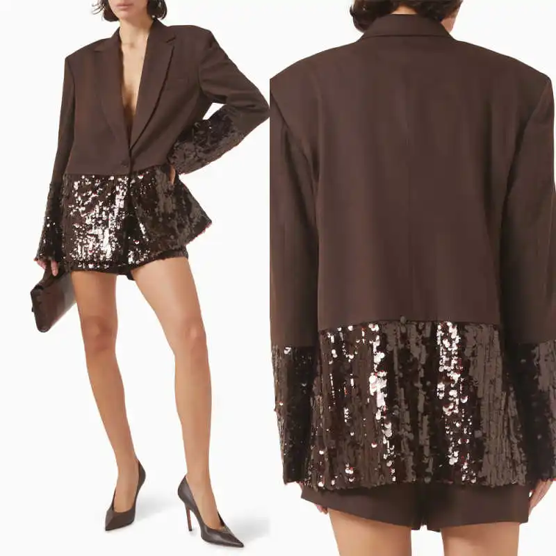 Elegant Women's Two-Piece Blazer Suit Sequin Detail Oversized Jacket & Shorts Formal Attire for Evening Parties Customized