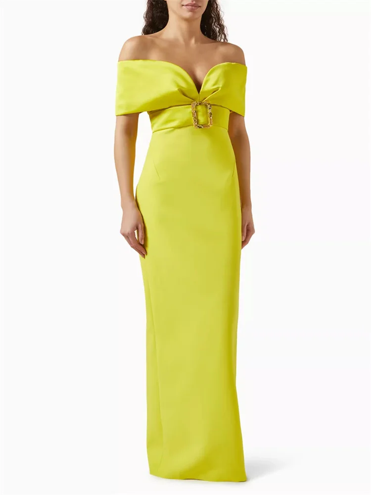

Customized Bright Yellow Belt Formal Event Evening Dress Sleeveless Off-shoulder Neckline Waist Metal Button Decorative Dress