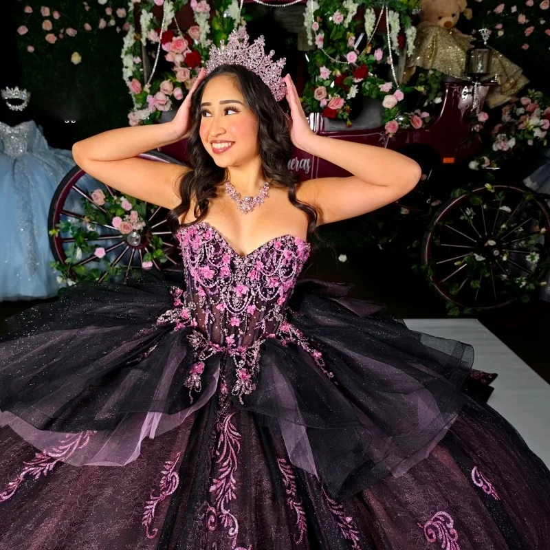 

Purple Quinceanera Dress off-shoulder Glitter Crystal 3D Flower Layering Decal Long tail vestidos de 15 Quinceanera ﻿Customize