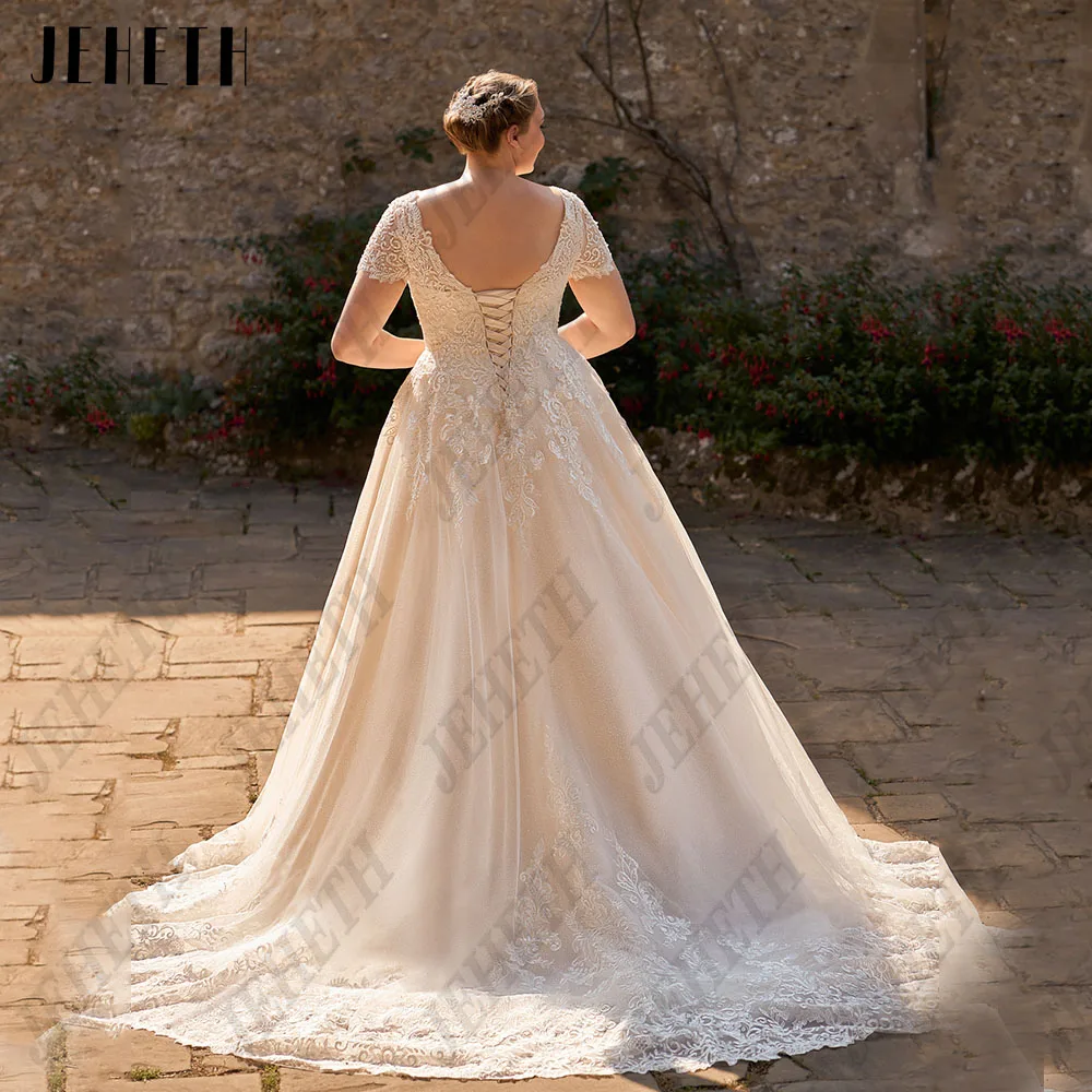 JEHETH Elegant Short Sleeves Wedding Dresses Plus Size For Woman Lace Up Back V-Neck Bride Gowns A-Line Tulle vestidos de novia