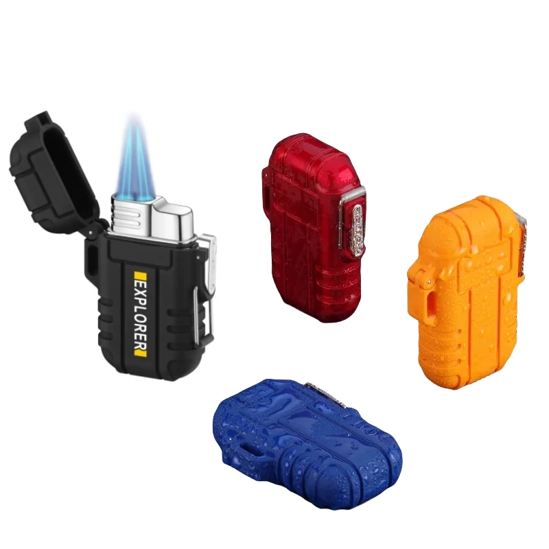 

Outdoor Waterproof Lighter with Lanyard Portable Blue Flame Jet Lighter Butane Turbo Cigar Lighter Camping Wading Men's Gadgets