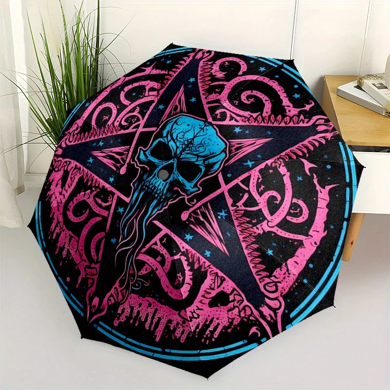 

Зонт с готическим рисунком черепа и пентаграммы - автоматический складной зонт-парасоль с неоново-розовым и синим готическим декором, портативный, 3-F