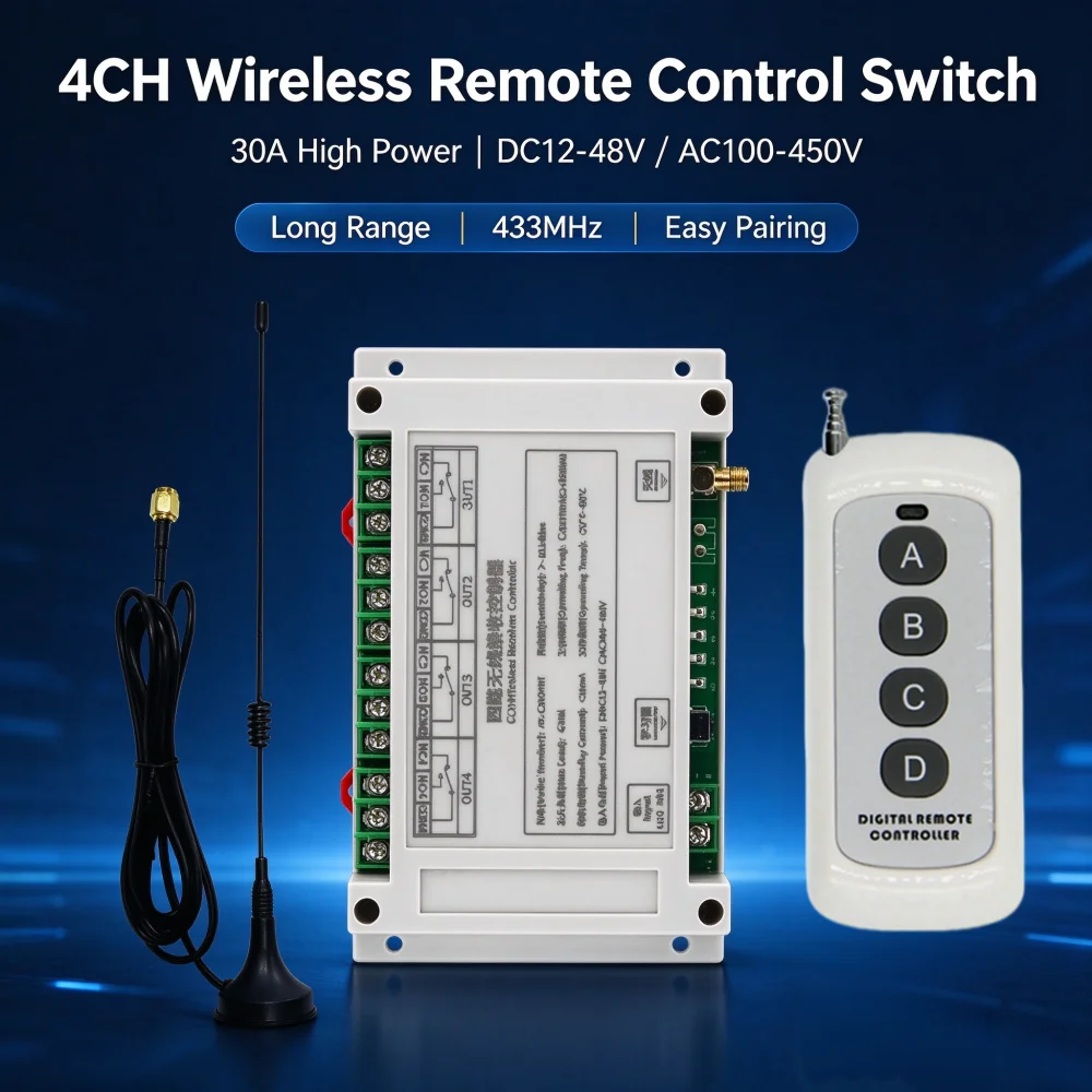 Industrial-Grade 12V-48V High Voltag 4-Ch RF Remote Control Switch for Motors Lamps Elevators Forklift Equipment AC110V220V 450V