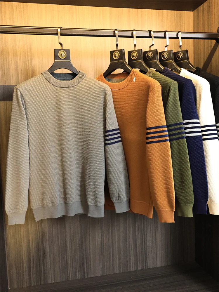 

Men's Winter Thiened Knitted Sweater Striped Texture Inteated Fce Faionable Urban round Ne Long Sve