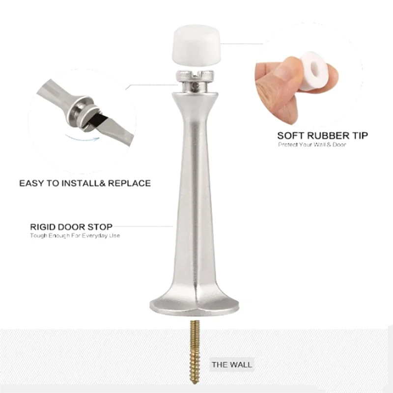 A26F-12Pcs Heavy Duty Solid Rigid Door Stops With Rubber Tips Zinc Die Cast Zinc Alloy Door Stops For Walls&Doors