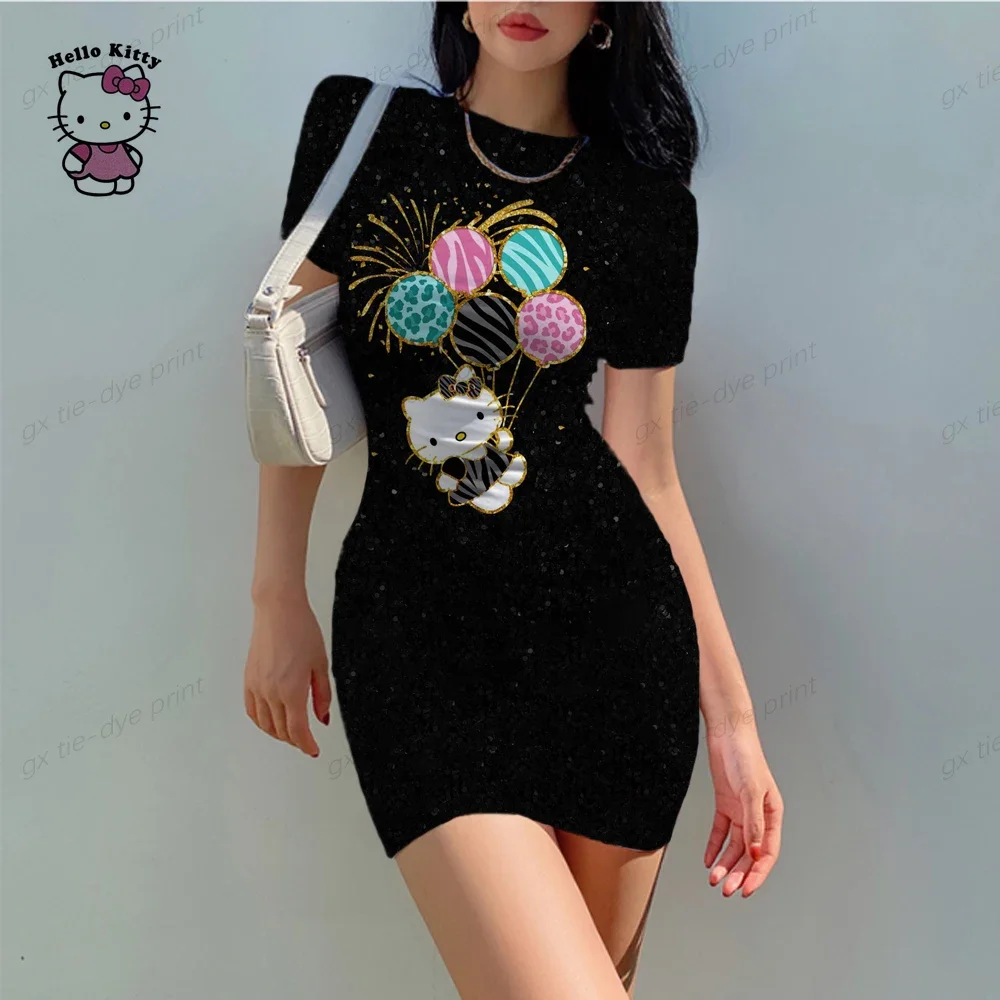 2024 Nieuwe Zomer Dames Ronde Hals Korte Mouw Bodycon Slanke Jurk Jurken Hello Kitty Digital Print Sexy Tas Heupjurk