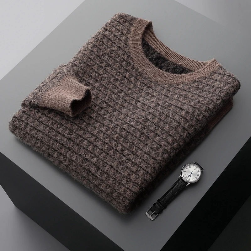 Round Neck Thickened Color Block Jacquard Men's 100% Cashmere Sweater Fashionable Warm Pullover Versatile Men's Clothing