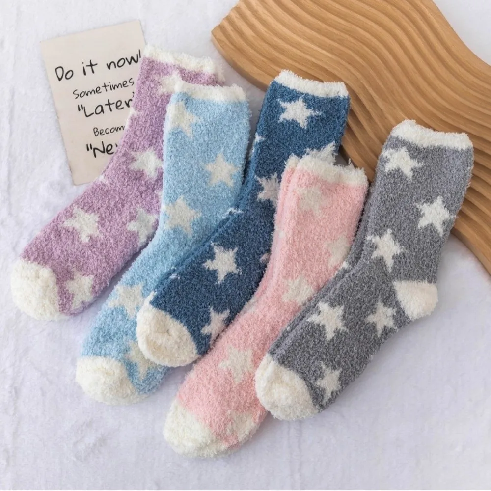

New Star Pattern Coral Fleece Socks Breathable Soft Floor Socks Thickened Warm Middle Tube Socks Autumn Winter