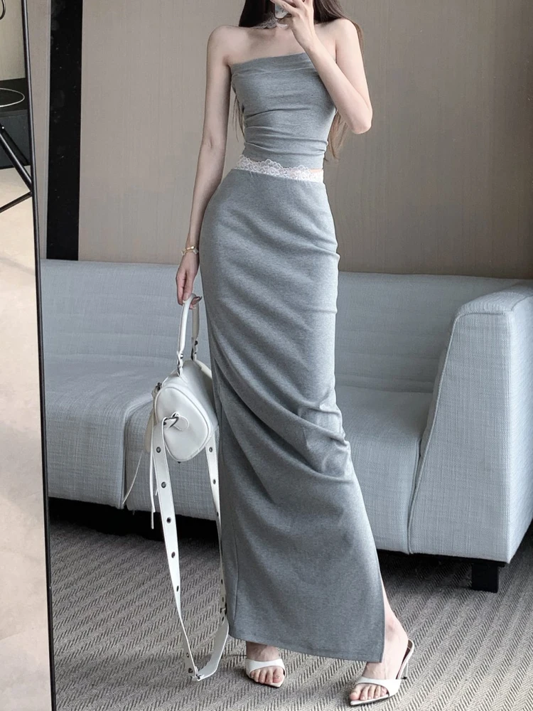 

2025 Summer Beautiful Dressing Set Women's Fashion Lace Hanging Neck strapless Top Half Skirt Casual Trendy Two Piece Set