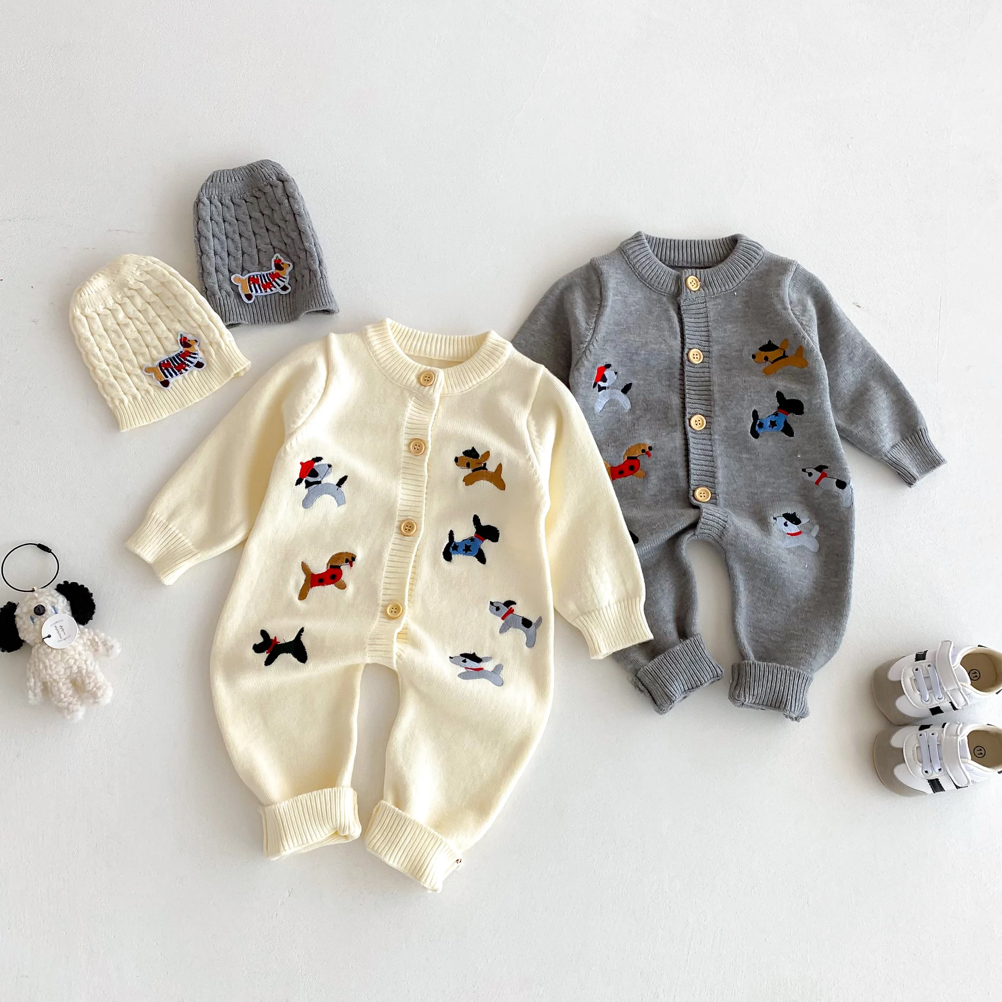 Autumn baby Clothes, Infant One-Piece Dress for Girls, Knitted Crawling Suit with Dog Pattern, Outdoor Wear