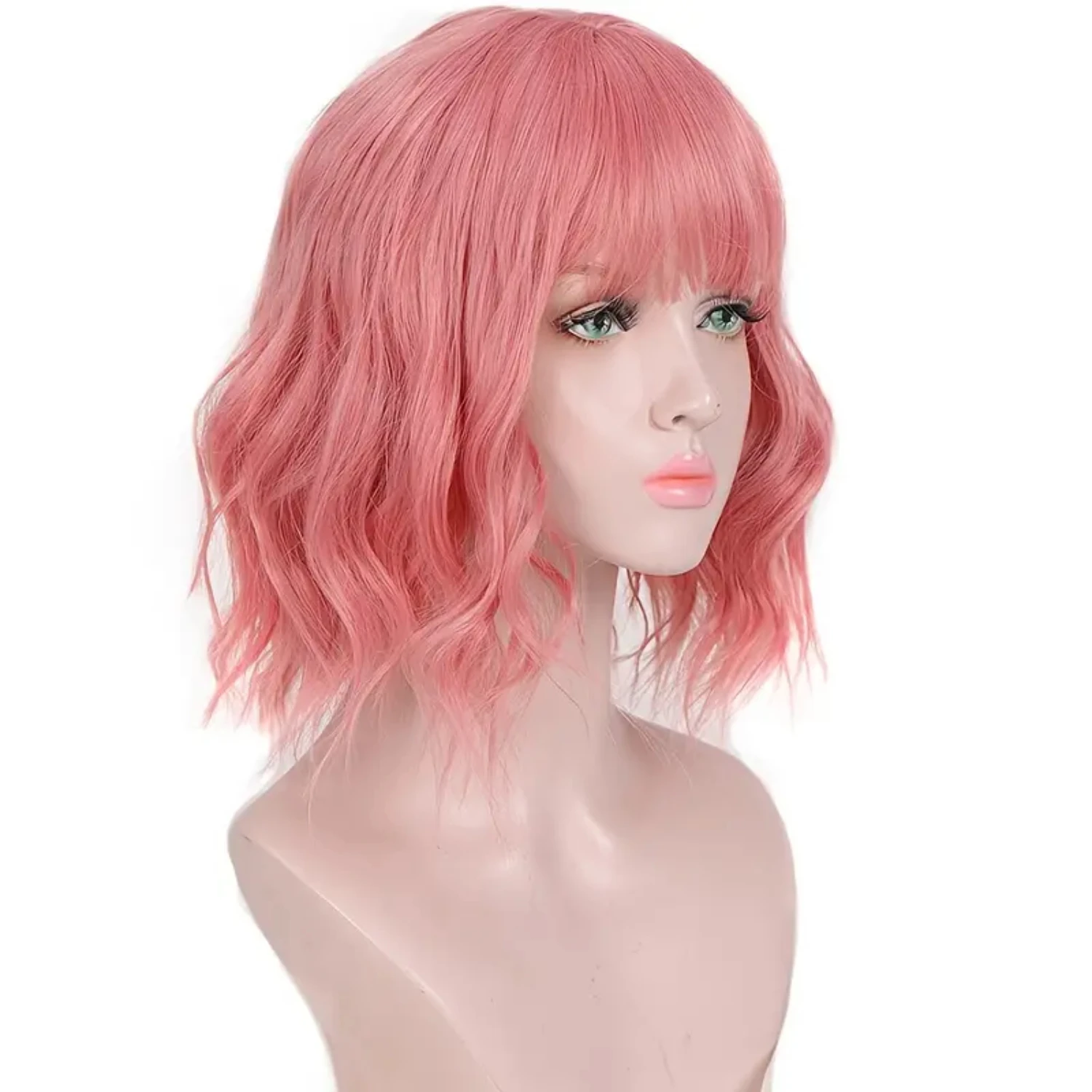 Pink Short Curly Bob Head Synthetic Wig, Heat Resistant, Perfect for Girls, Cosplay and Bangs Wig Table cloth plastic Desk cloth