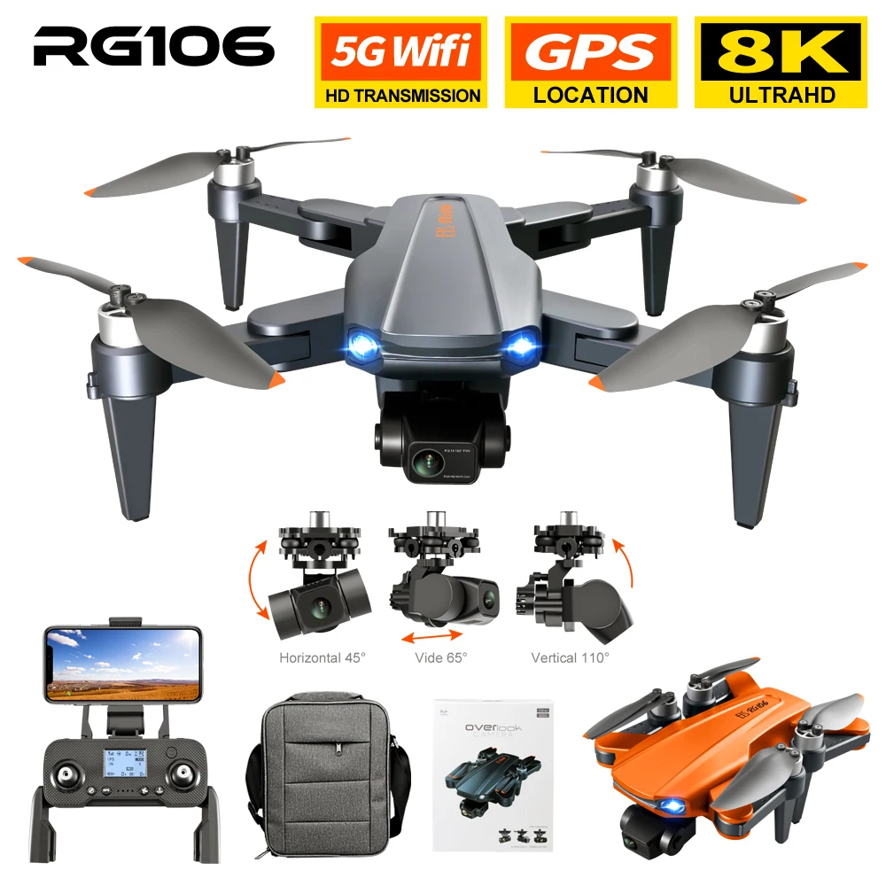 Drone Rg106 8k GPS 3 axes, cardan auto-stabilisant, moteur sans balais, quadrirotor 5G, retour GPS, professionnel, caméra HD