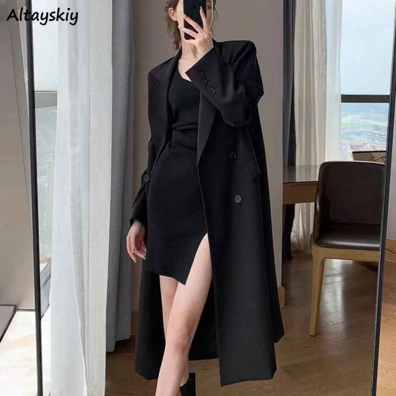 

Long Trenchs Women Double Breasted Spring Coats British Style Elegant Office Lady Solid Simple Classic Temperament Streetwear