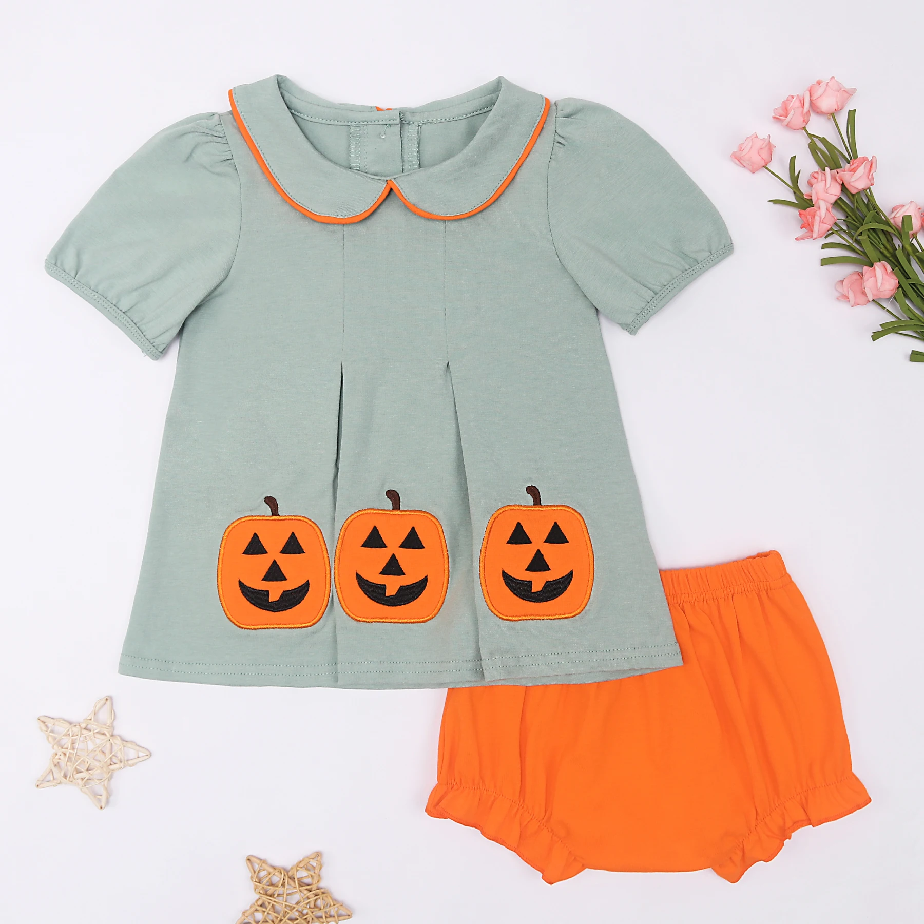 Hallowmas Ropa Summer Short Sleeve Round Neck Dress Pumpkin Embroidery Girl Grey Top T-shit And Orange Pant Romper Boy Clothes