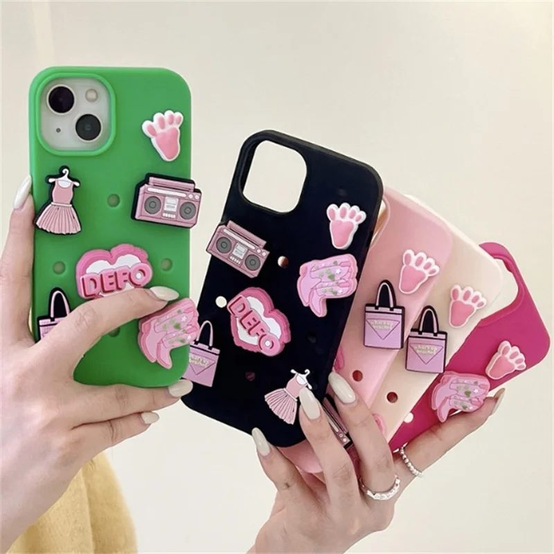 3D Cartoon DIY Hole Buckle Cute Princess  Phone Case for iPhone15 Pro Max 14Plus 13 mini 12 11 X XR Girls Accessories Phone Case