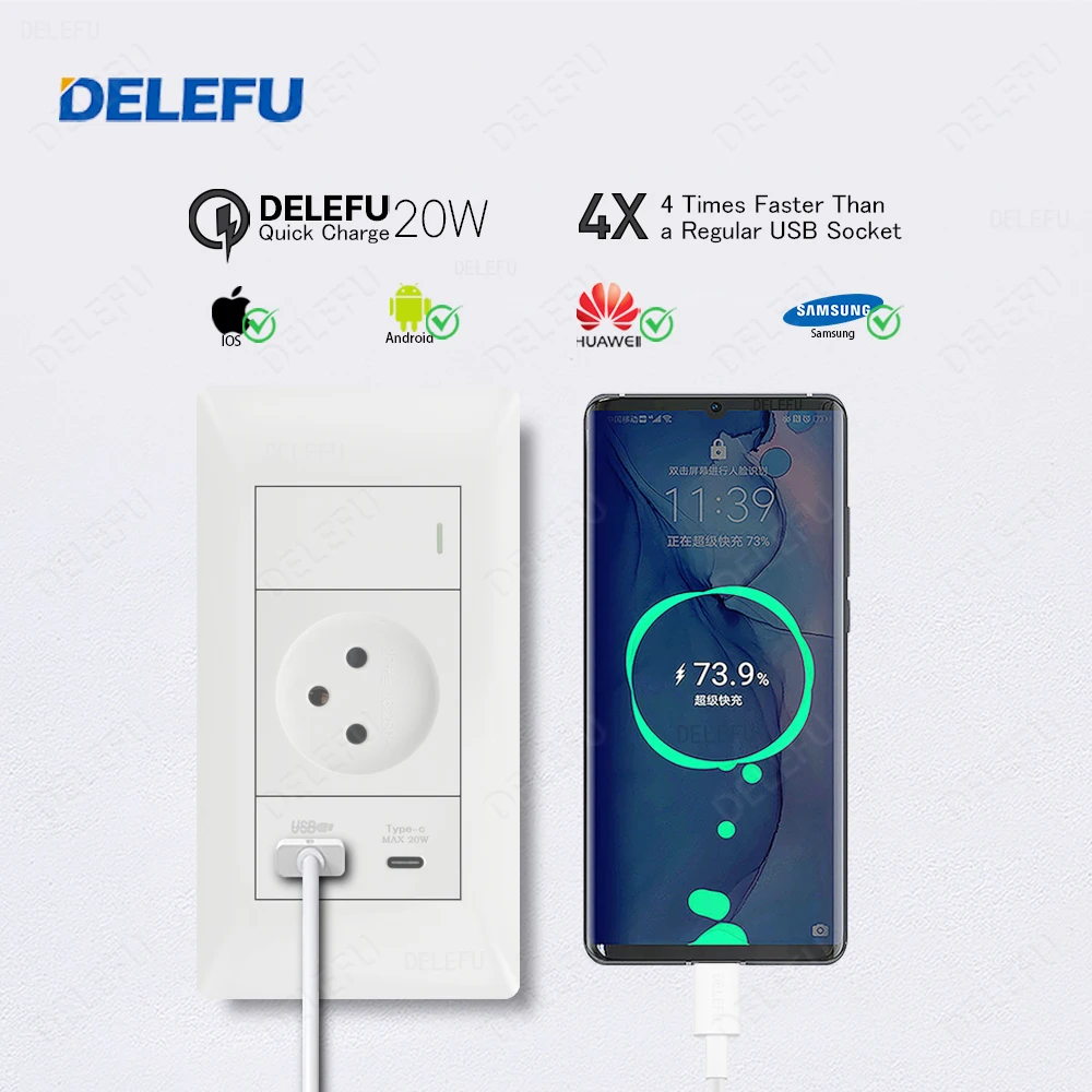 DELEFU Flame-retardant SC80 Panel 145mm White Israeli Standard USB C-type Fast Charging Wall Socket Switch TV Phone CAT5 CAT6 image 5