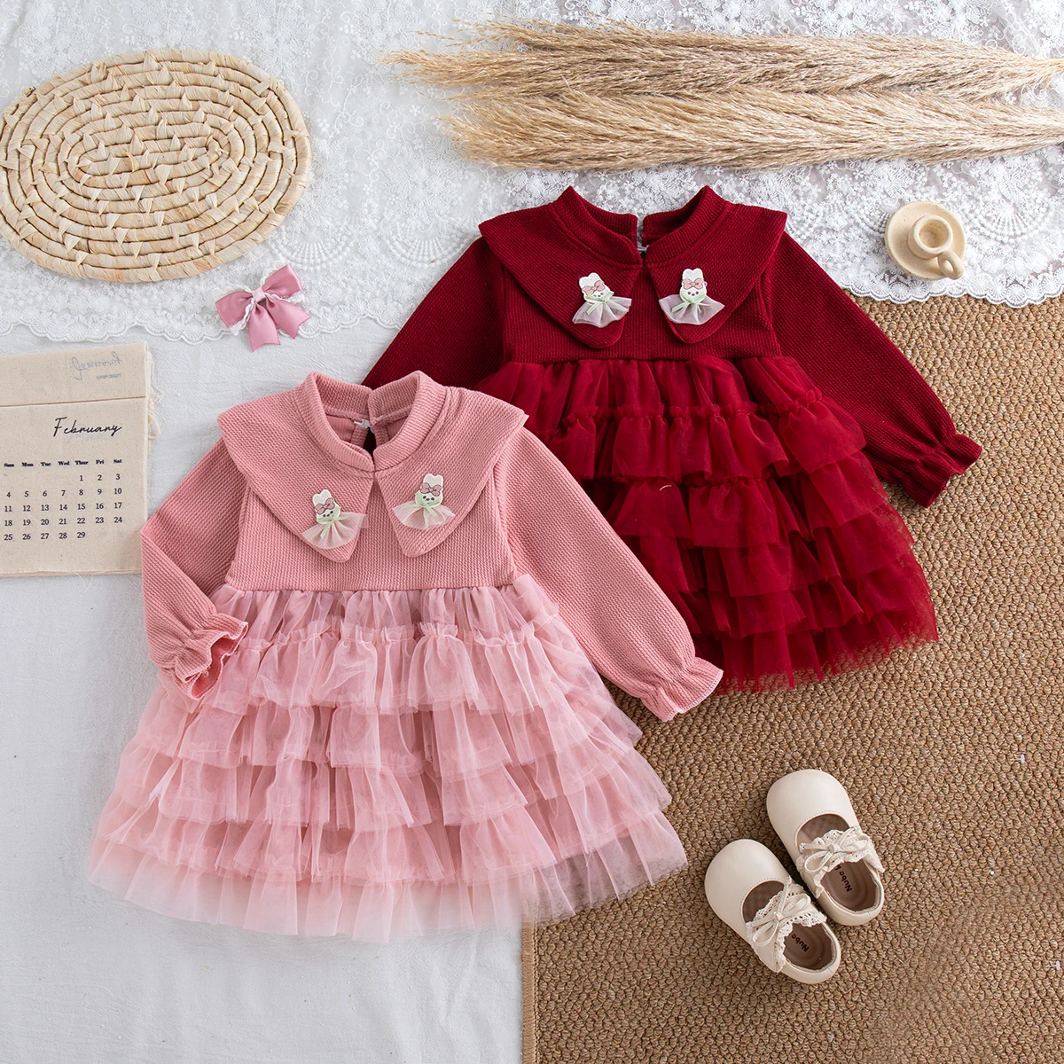 

Детские платья, весенне-осеннее хлопковое однотонное сетчатое платье с длинными рукавами и воротником для девочек, милое платье принцессы с героями мультфильмов, одежда для девочек