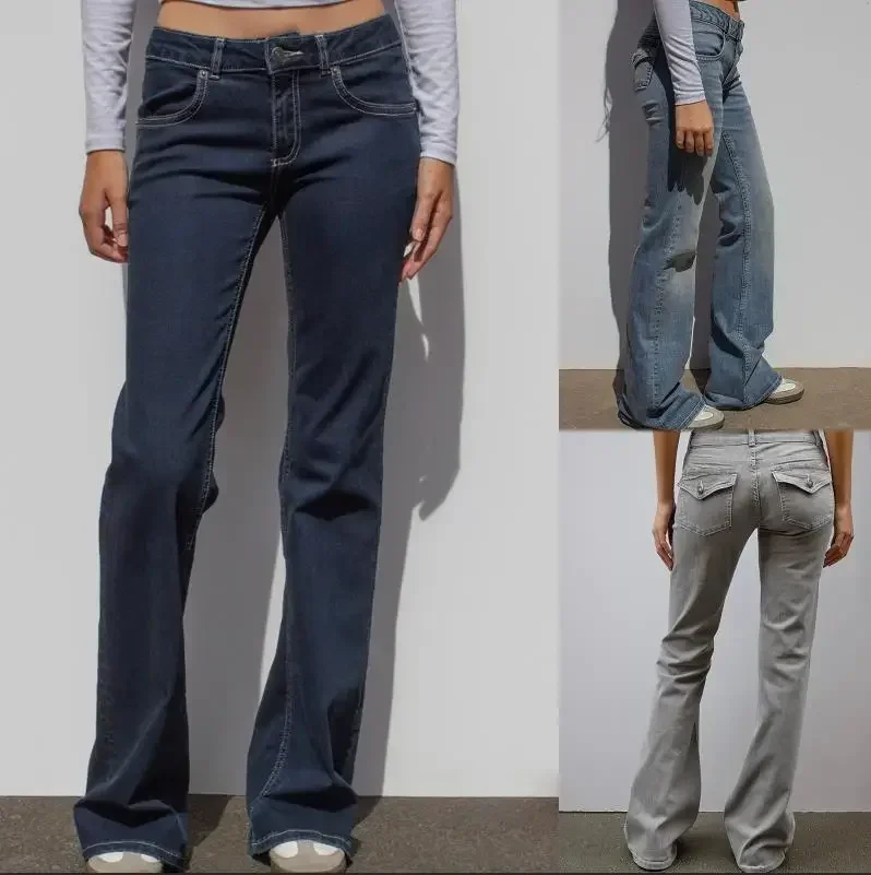 

Flare Pants Women Jeans Floor Length Streetwear Low Waist Strecth Pockets Vintage Distressed Washed Denims Trousers Boot Cut