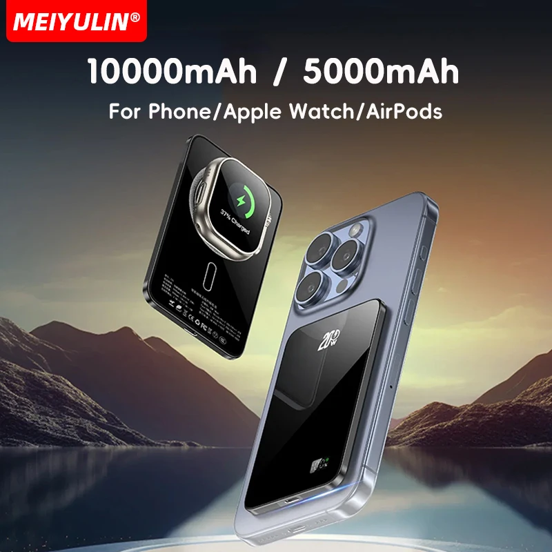 10000mAh Metallic Glass Power Bank Portable 5000mAh Travel Fast Charger External Battery for Apple Watch iPhone 16 Samsung Xiaom