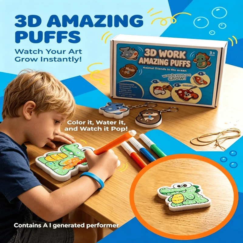 Kids 3D Magical Bubbles Diy Coloring Craft Kit Water-Expanding Drawing Foam Toy Art Painting Toy Gifts for Boys and Girls