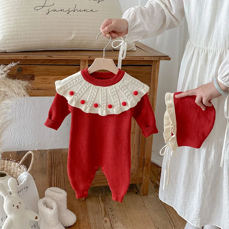 2026 Autumn Baby Knit Rompers 6-24M Sweet Pellets Color Block Toddler Girls Jumpsuit +Hat Infant Cute Sweater 2PCS