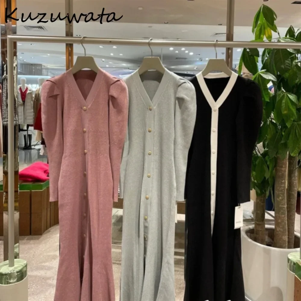 Kuzuwata Elegant V Neck Puff Sleeve High Waist Dress Panelled Slim Fit Single Breasted Vestidos Japan New Moda Knit Mermaid Robe