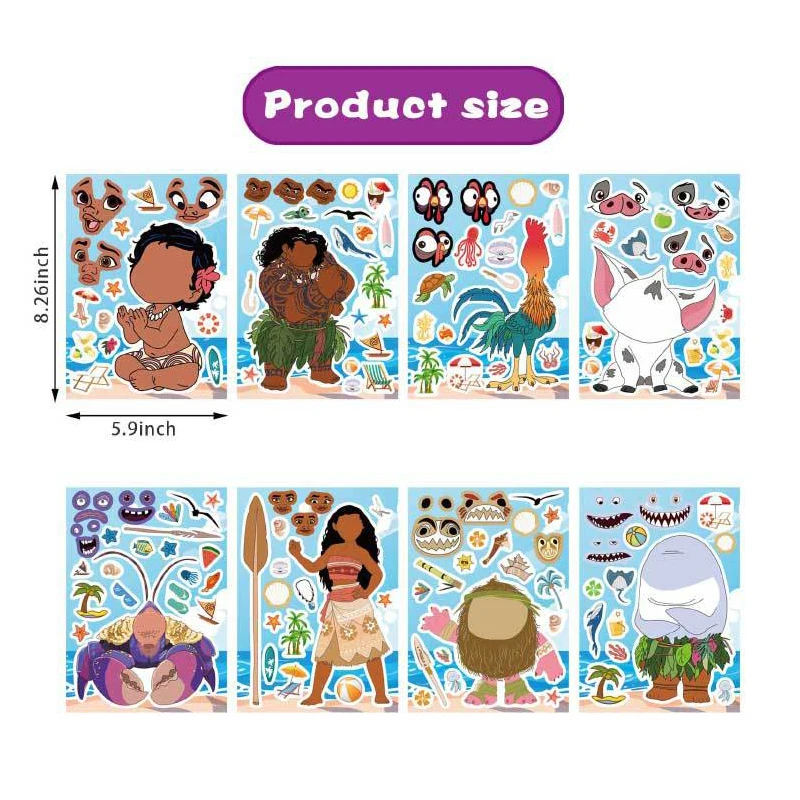 8/16Sheets Disney Cartoon Moana DIY Make a Face Puzzle Stickers DIY Children Cartoon Funny Assemble Jigsaw Decals Kids Toys Gift