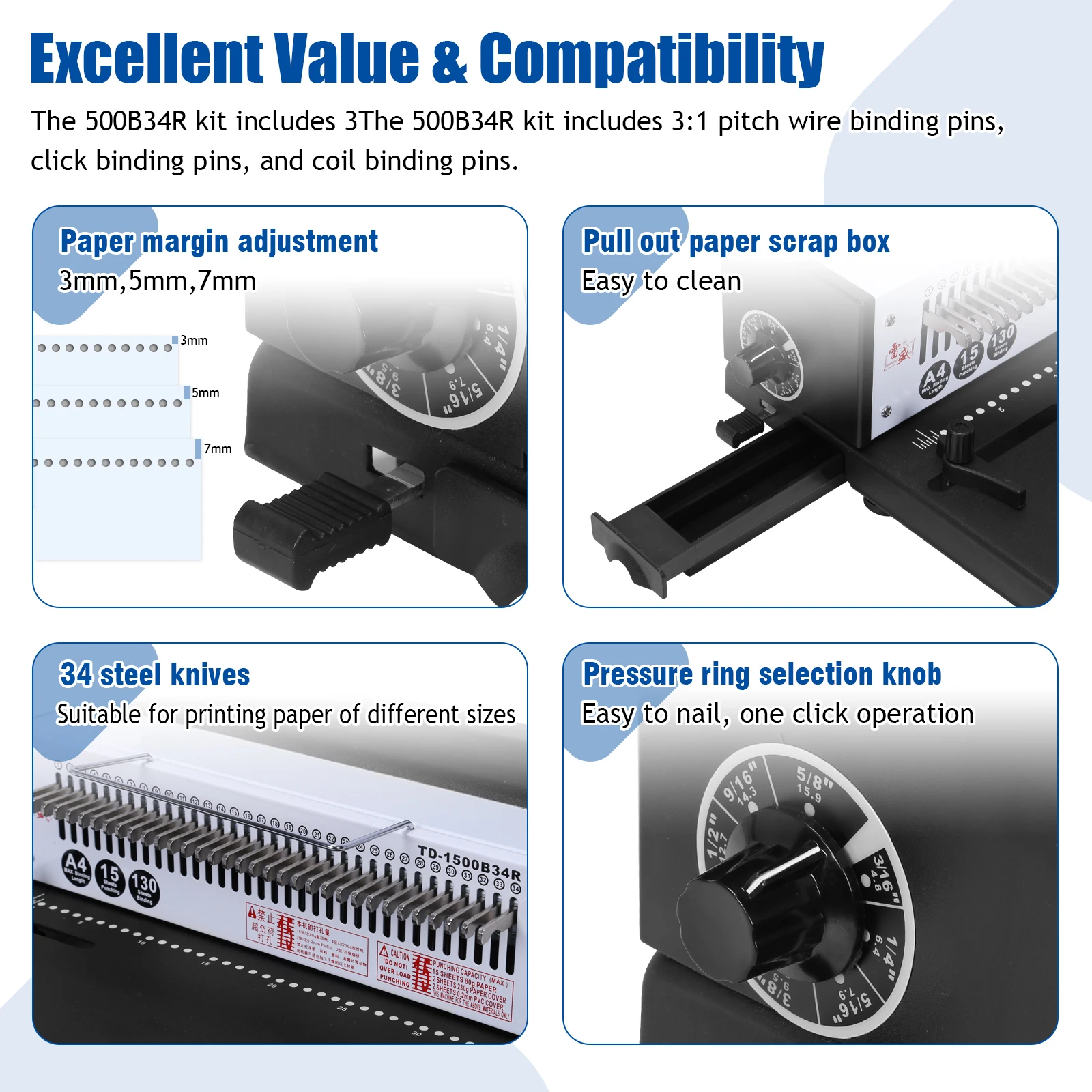 

1500B34R Convenient Wire Binding Tools Punch 15 Sheets/Bind 130 Sheets Simple Paper Puncher Machines for Home & Office