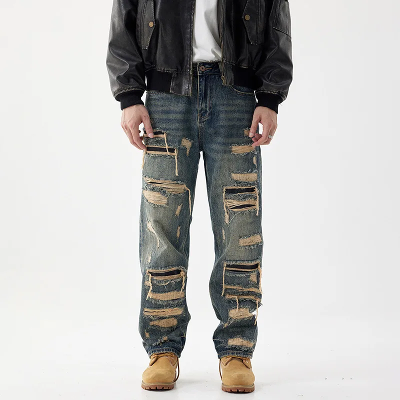 

Pop American New Fashion Vintage Men's Casual Trendy Loose Wide Leg Hole Patched Blue Vintage Denim Trousers Male Jean Pants Clo