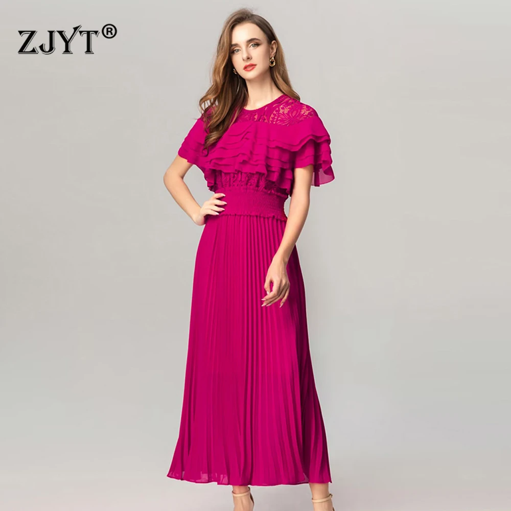 

ZJYT Elegant Long Purple Dresses for Women Party Ruffles Lace Pleated Casual and Day Dress Luxury Designer 2026 Summer Clothes