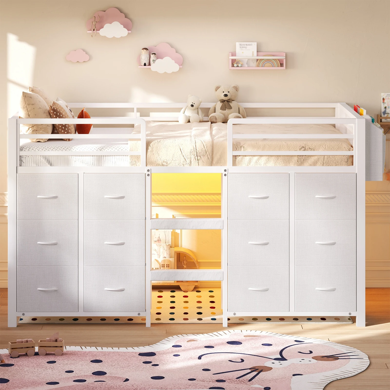 77.6*41inch Twin Size Low Loft Bed for Kids with 12 Storage Drawers & RGB LED Lights, Metal Loft Bed Frame with 11