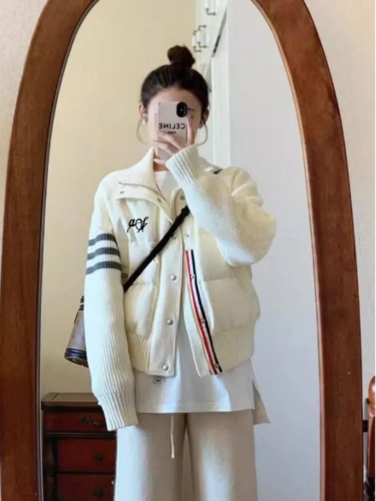 

Thiened ort Knitted Cotton Jaet Women's Padded Coat College Sle Winter Outerwear Striped Design down Jaet