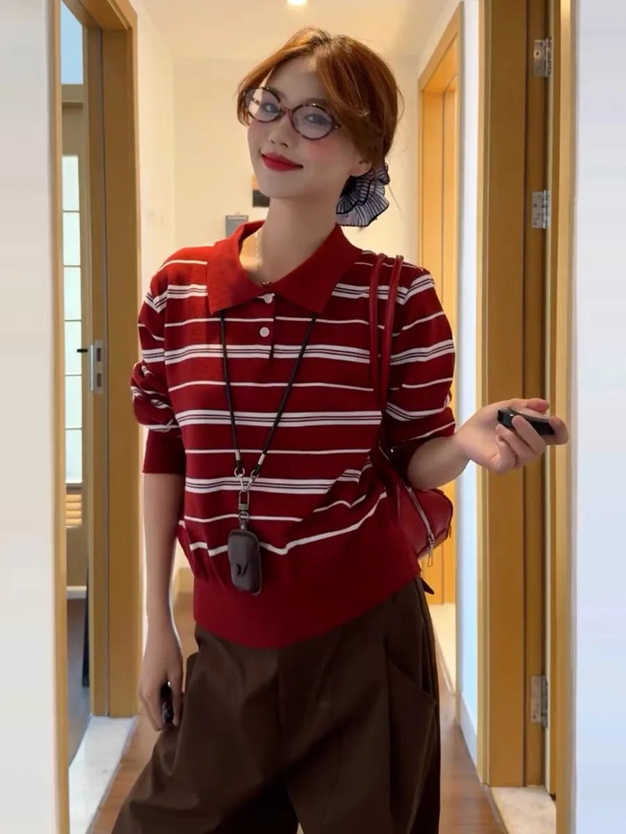 

Red Ne Striped Knitted Long Sve Loose Overhead Design Women's Base irt Autumn Inner Wear Sweater Commute Sle