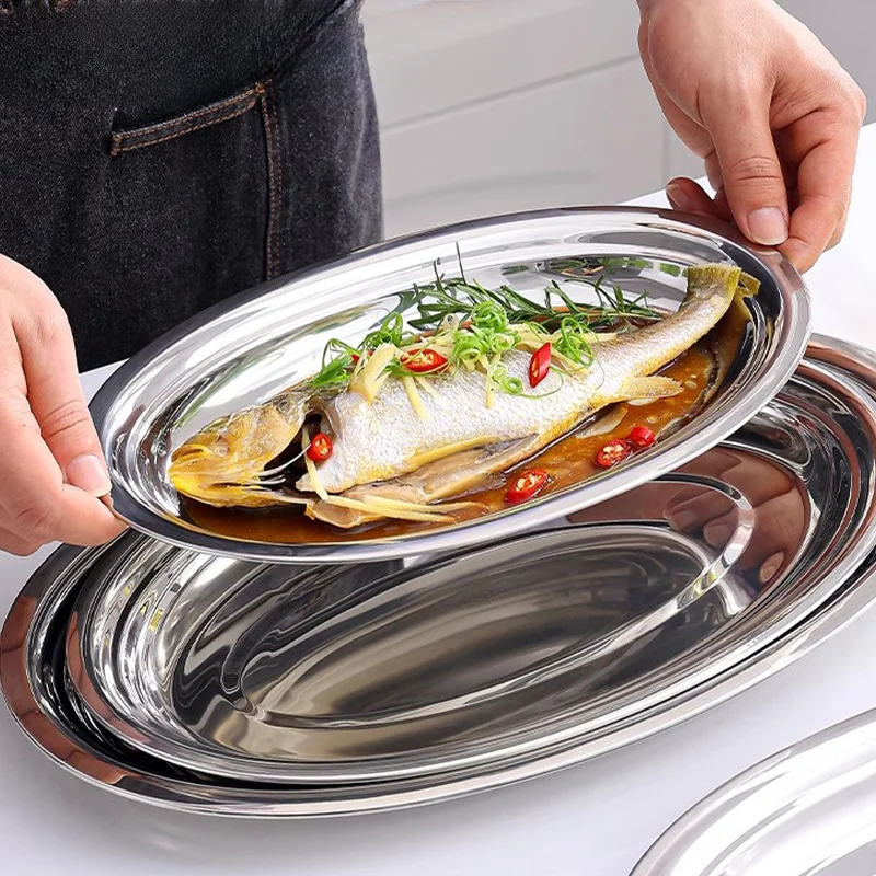 

Deepened Thickened Main Dish Plate Restaurant Steamed Fish Plate Oval Seafood Grilled Skewers Barbecue Plate304 Stainless Steel