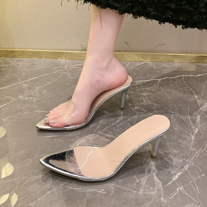 Simple Mid-heel Pointed Slippers Women Sandals 2025 Summer High-heeled Womens Shoes Sexy Outside Modern Fashion Slides Size 42