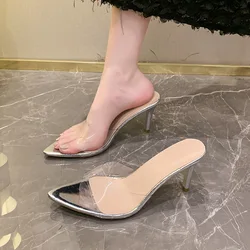 Simple Mid-heel Pointed Slippers Women Sandals 2025 Summer High-heeled Womens Shoes Sexy Outside Modern Fashion Slides Size 42