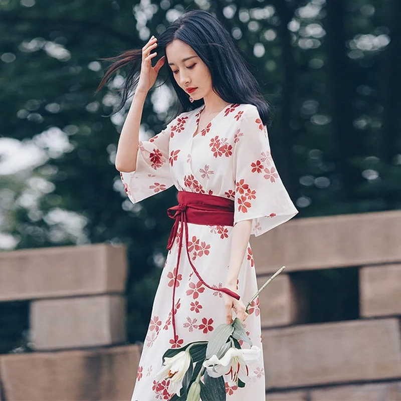 Hanfu-vestido Floral de estilo chino Vintage para mujer, vestido superajustado de gasa de manga corta para primavera y verano, novedad de 2022