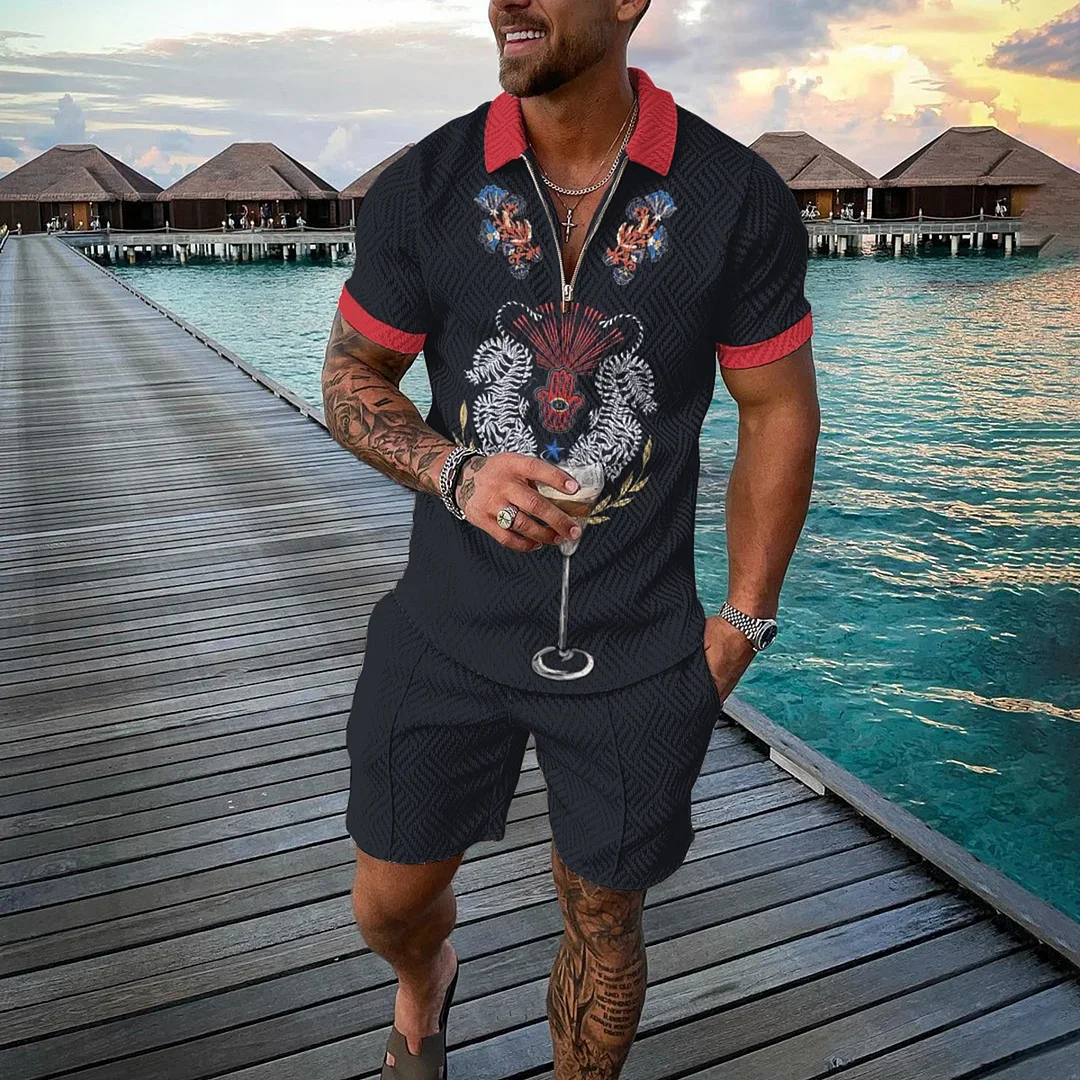 Männer Trainingsanzug Sommer Neue 3D Gedruckt Strand Zipper Polo Shirts Shorts 2 stücke Sets Boho Geometrische Stil Urlaub Kleidung Hohe qualität