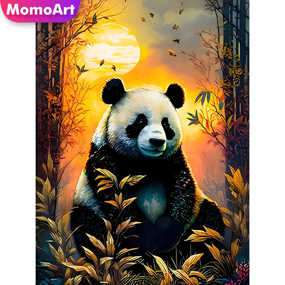 Momoart Diamantmalerei, Panda-Tier, DIY-Diamantmosaik, Sonnenuntergang, geeignet für Anfänger, Stickerei, Heim, Schlafzimmer, Wandkunst