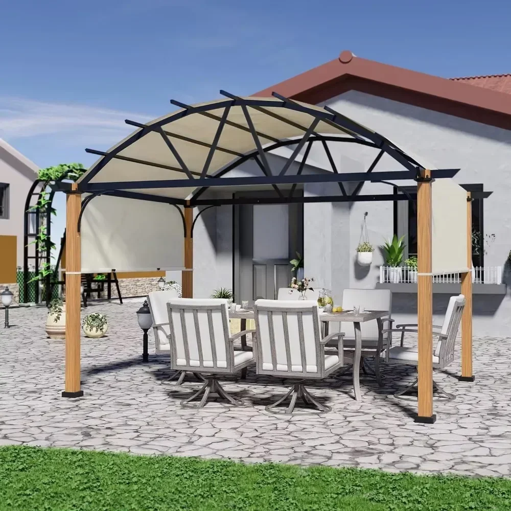 

10' X 13' Outdoor Pergola with Sling Retractable Canopy and Wood grain Aluminum Frame, Arched Pergola for Patio, Deck, Backyard