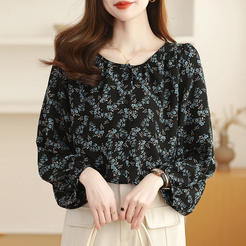 Women Summer Korean Loose Fashion Floral Chiffon Polo-Neck Long Sleeve Shirts Women Clothes Casual Temperament All-match Tops