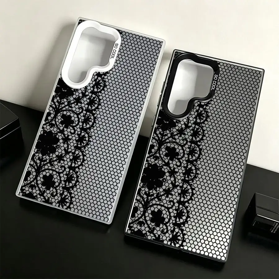 Phone Cover Case for Samsung Galaxy S26 S24 FE S23 Ultra S23 S25 Edge Note 20 Ultra S20 Plus S22 S21 Mesh Lace Print
