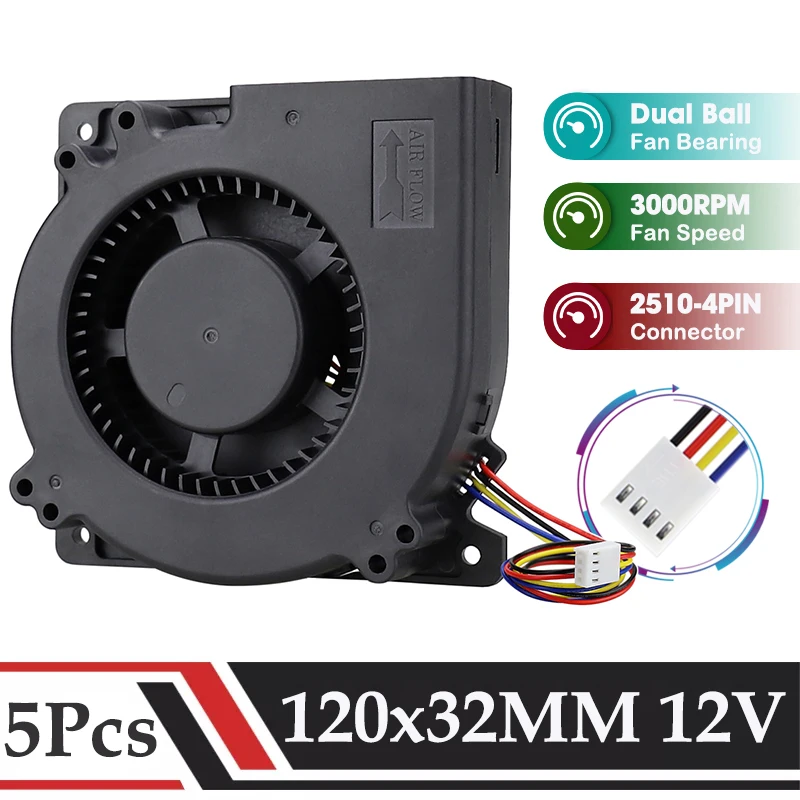 5Pcs Gdstime DC 12V Fan 120MM*32MM Brushless Fan 120MM Dual Ball 4PIN PWM Function Fan 12032 12CM Adjustable Speed Portable Fan