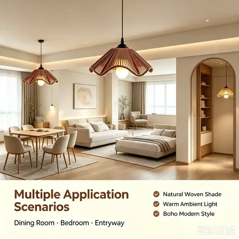 Rattan Woven Pendant Light Wavy Wicker Lampshade E27 Boho Ceiling Hanging Lamp Vintage Hand‑woven Fixture for DiningRoom Kitchen