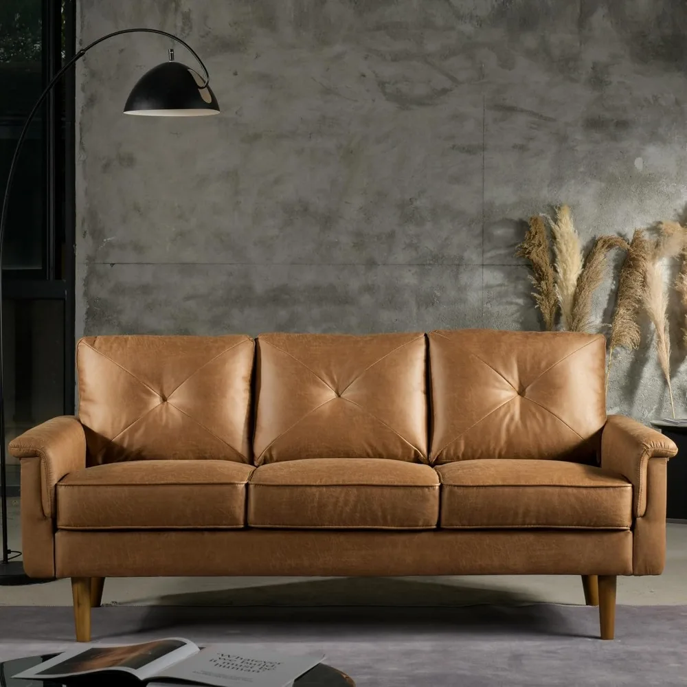 Sofa 3 tempat duduk mewah dengan kulit imitasi, Sofa Modern setengah abad dengan sandaran tangan yang nyaman, Sofa nyaman dengan tempat duduk dalam