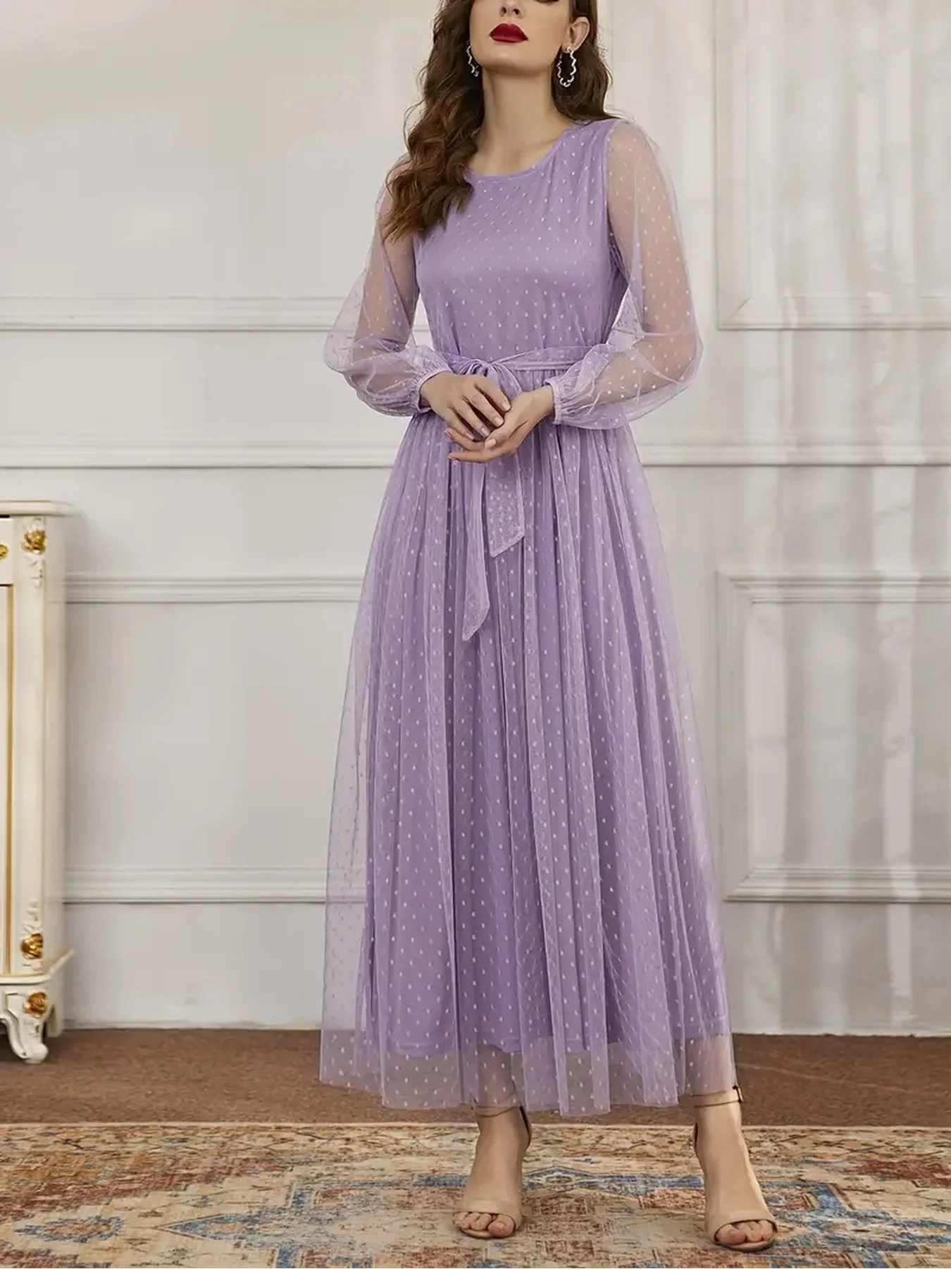 Damen Casual und Elegantes Halbtransparentes Langarm-Kleid mit Rundhalsausschnitt, Einfarbig, Hohe Taille und Durchsichtigem Gürtel – Detail 6