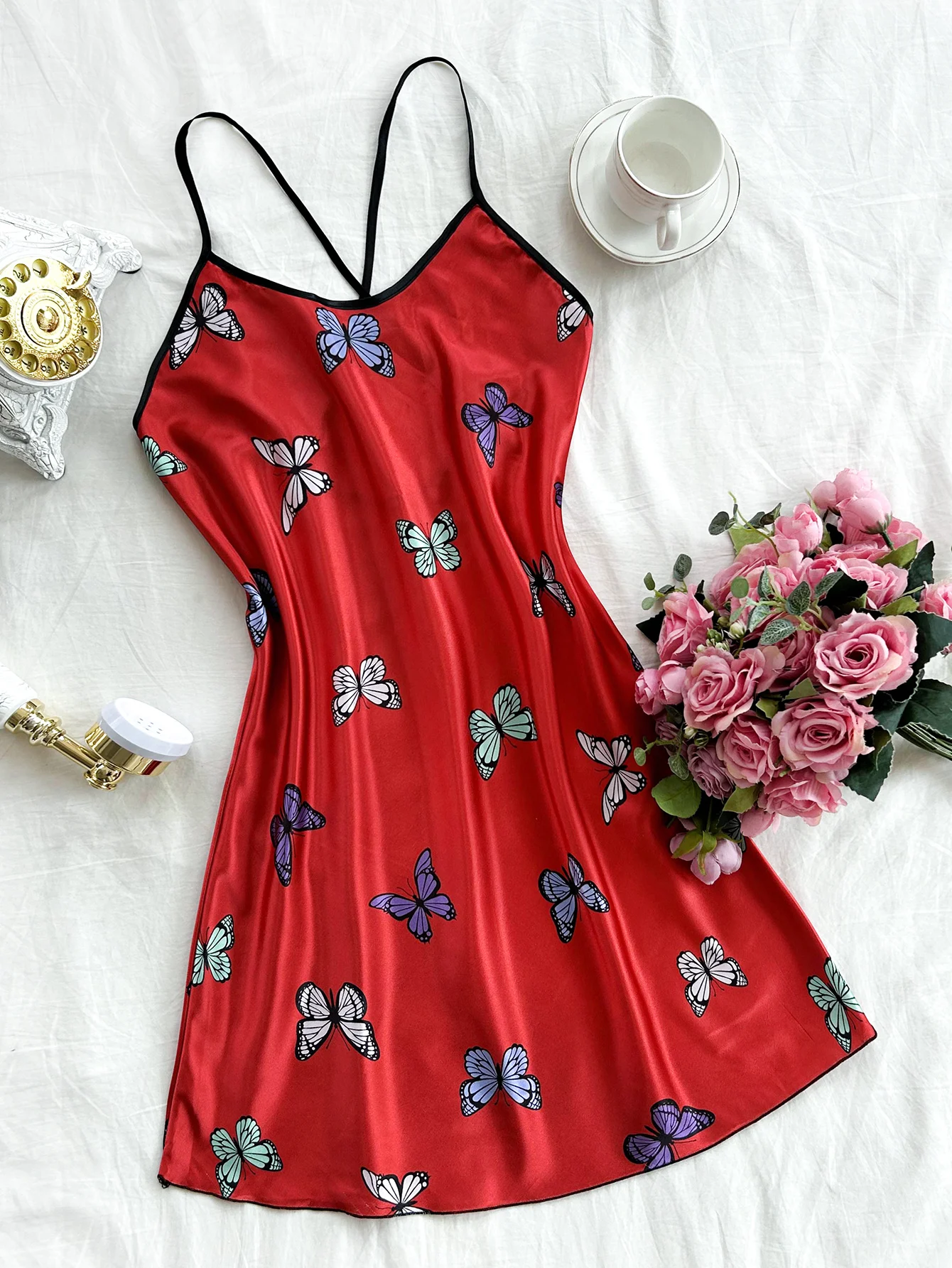 European-style ice silk slip nightdress sexy backless pajama lady imitation silk casual breathable printed butterfly slip dress